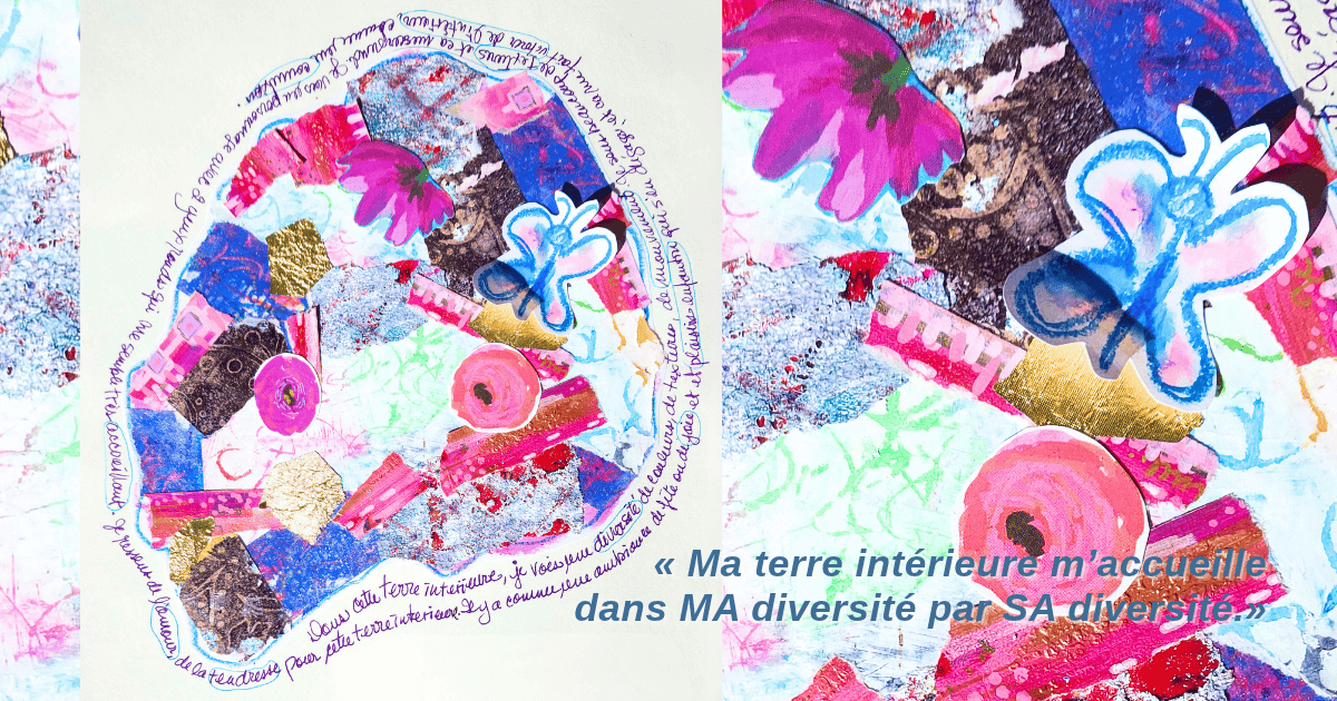 Page de journal sur fond blanc montrant une terre intérieure au contour irrégulier, remplie de petits papiers colorés et texturés, avec trois fleurs, un papillon fait à la main, quelques touches dorées et de l’écriture manuscrite autour.